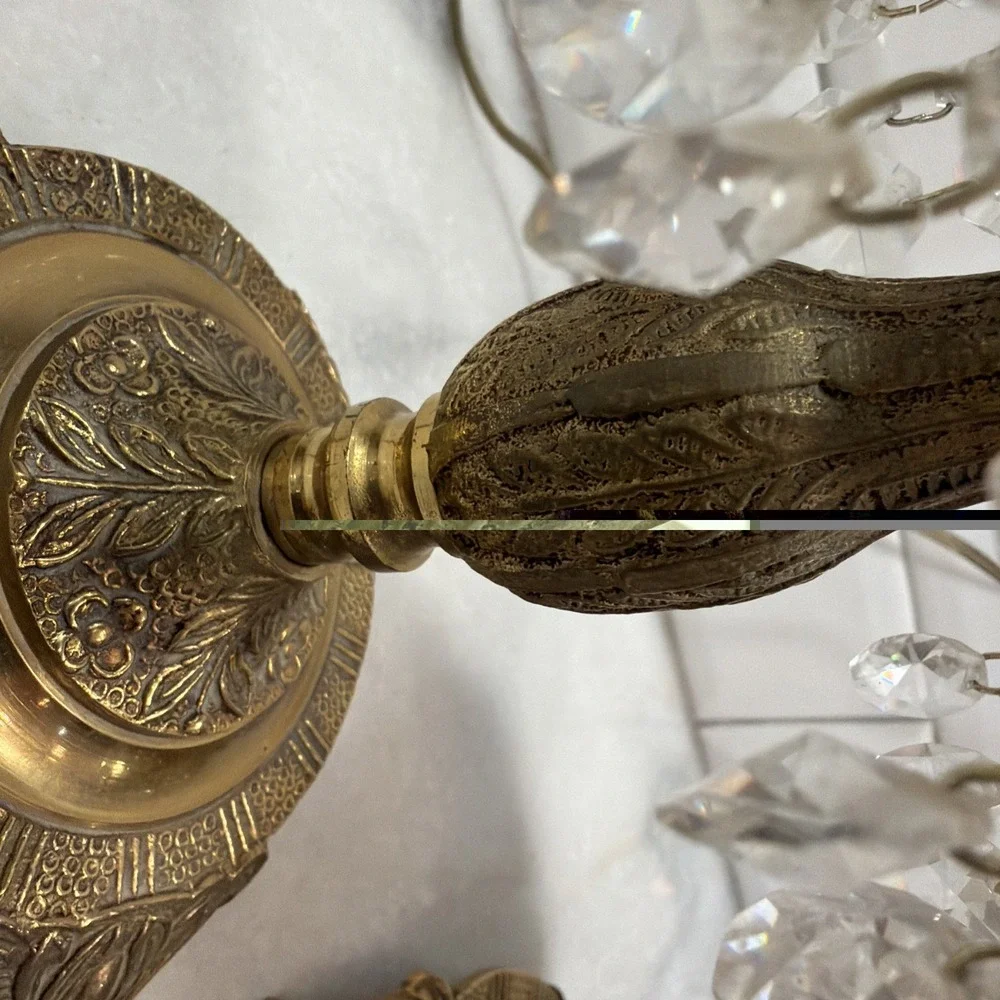 MCM Vtg Art Deco Pair Of Footed Brass Dangling Crystal Hurricane Lamps OLA0001
